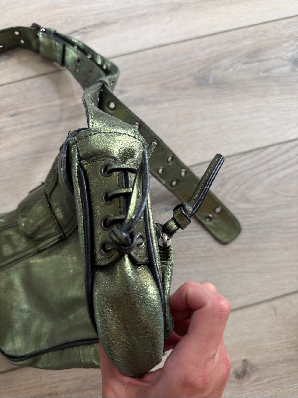 Free People Shimmery Olive Green Metallic Shoulder Bag - Picture 9 of 9